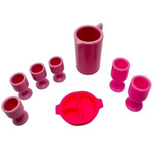 Barbie Doll Pink Drinkware Pitcher Cups Divided Tray 8 Pc Plastic Miniature Vtg